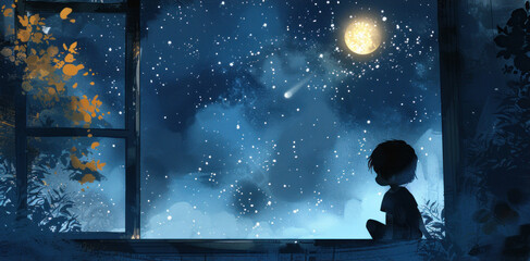 Child's silhouette gazing at a starry night sky, sparking imagination and curiosity.