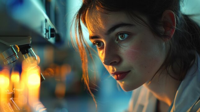 Young Woman in Laboratory. A diverse young woman conducting an experiment in a laboratory, showcasing focused concentration and a hint of wonder.