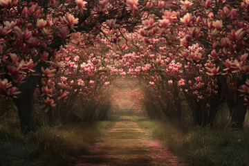 An enchanted alley of fully bloomed magnolia trees in a park