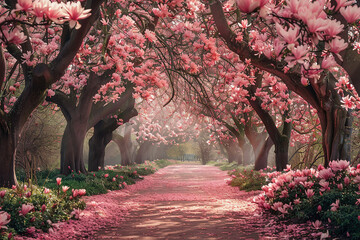An enchanted alley of fully bloomed magnolia trees in a park
