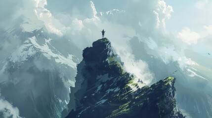 Alone figure standing atop a mountain peak, arms raised in victory, with a breathtaking vista stretching out below.