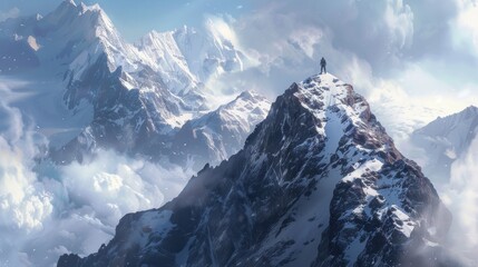 Lone figure standing victorious on mountain peak, epic and dramatic.
