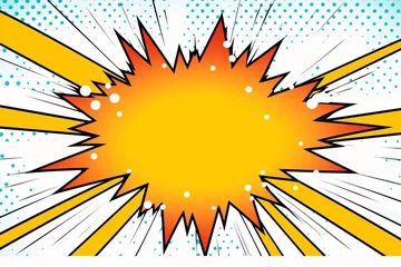 Foto auf Alu-Dibond White background with a white blank space in the middle depicting a cartoon explosion with yellow rays and stars © Celina