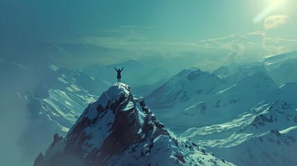 Lone figure victoriously standing on mountain peak, showcasing epic scale and grandeur. - obrazy, fototapety, plakaty