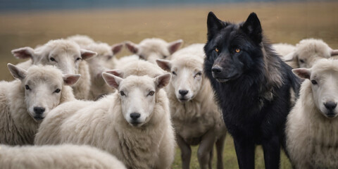 Obraz premium A wolf leading a pack of sheep. Black wolf in the middle of the herd.