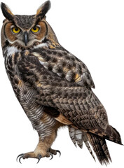 Naklejka premium Great horned owl perched profile isolated cut out png on transparent background
