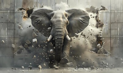 Dynamic image of an elephant crashing through a barrier, symbolizing breakthrough and strength. Elephant breaking through wall in powerful charge.