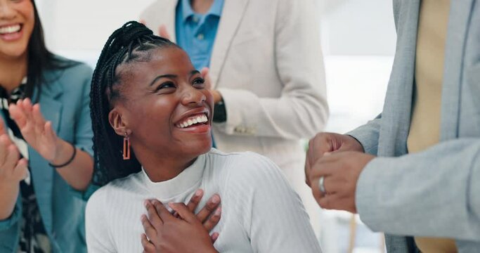 Clapping hands, winning and business people in office with achievement, good news or promotion. Happy, fist bump and professional black woman and team with applause for congratulations in workplace.