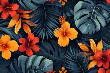It is a colorful scene with all kinds of flowers and leaves. The flowers are orange and blue. The leaves are green and black. Generative AI