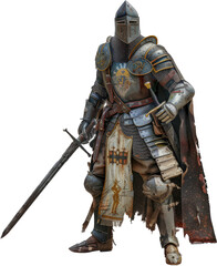 Medieval knight in full armor with sword and shield isolated cut out png on transparent background