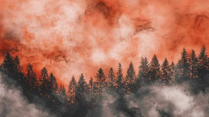Zelfklevend Fotobehang A serene landscape of pine trees shrouded in mist against a dramatic red and grey textured sky, suggesting a surreal or apocalyptic ambiance. © Fostor