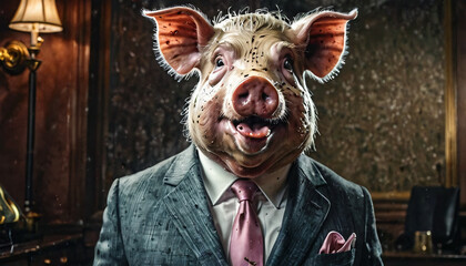 Greedy businessman in the form of a filthy disgusting pig in suit. A concept of greed and business. - obrazy, fototapety, plakaty