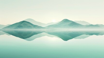 A serene landscape of tranquil hills with a perfect reflection on calm water, conveying a sense of peace and simplicity. - obrazy, fototapety, plakaty