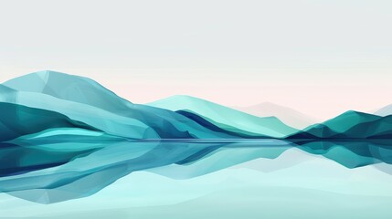 An abstract mountain landscape with a stylized reflection on a tranquil lake, blending soft pastel colors.