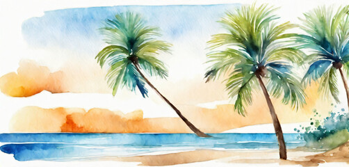 Fototapeta na wymiar Tropical beach background. Summer watercolor landscape. Tropical island with palm trees. Ocean and beach summer wallpaper. 