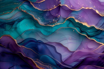 Abstract painting in purple and blue alcohol inks, illustration of liquid design with golden paths,...