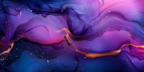 Abstract painting in purple and blue alcohol inks, illustration of liquid design with golden paths, wallpaper background with luxury decor elements