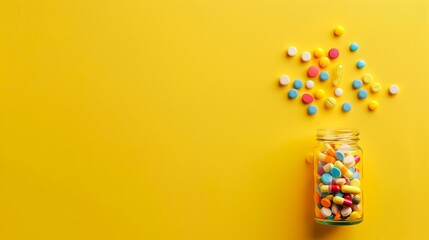 Bottle and multicolored scattered tablets on yellow background, top view. Blank space to add text. Concept of health care, medicine, pharmaceutics