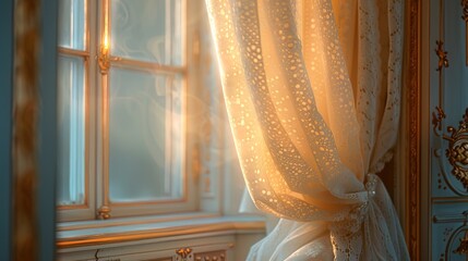 Up-close shot of delicate lace curtains billowing gently by an ornate window, casting soft li - obrazy, fototapety, plakaty
