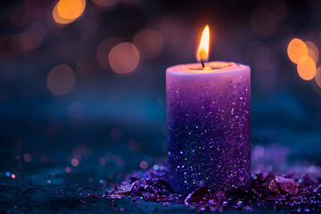 Purple candle burning on dark blue background with soft blurry lights and glittering, creating a magical atmosphere. Suitable for esoteric spiritual practices and meditation.