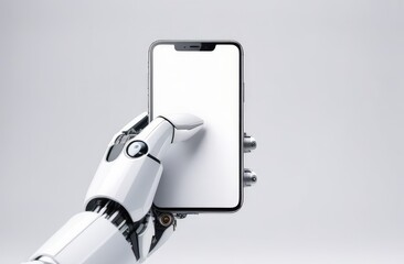 the robot's hand holds a smartphone on a light background, 3D rendering to demonstrate the product