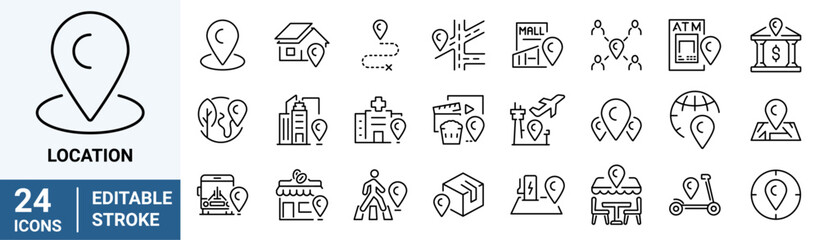 location web icons Set. Map with a Pin, Route map, Navigator, Direction and more. Editable Stroke - obrazy, fototapety, plakaty