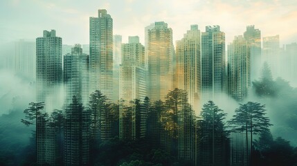 Double exposure cityscape of urban downtown with green summer forest landscape