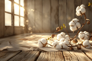 A beautiful composition showcasing soft, fluffy cotton isolated on wooden backgrounds, highlighting the natural texture and purity of the material against a rustic and warm backdrop.