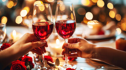 Romantic Toast with Red Wine Glasses.