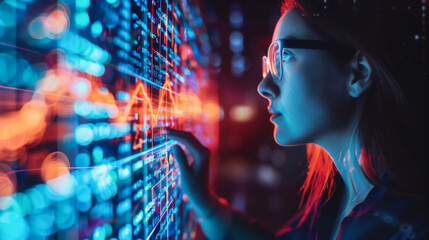A woman is looking at a computer screen with a lot of numbers and lines. She is wearing glasses and she is focused on the screen