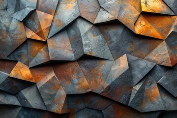 A highly textured wall with an abstract arrangement of geometrical shapes in shades of orange and grey