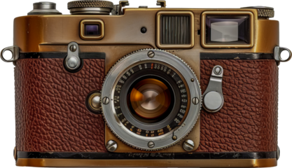 Vintage film camera with leather details cut out png on transparent background