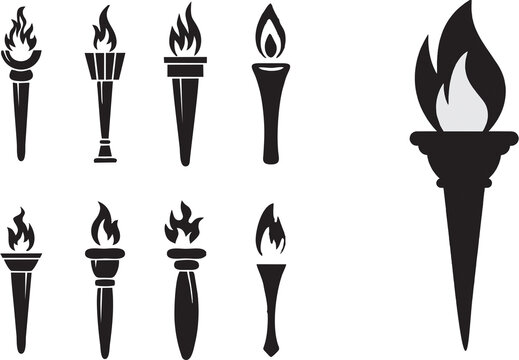 Set of traditional ancient Greek torch icons on white background. Greece runner, Sport flame. Symbol of light and enlightenment. Easy to reuse in designing poster, banner or flyer about sports.