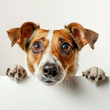 surprised dog big eyes looking from behind white long frame banner, tail and paws visible, white background