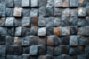 An image featuring a wall covered in black and rust-colored metal tiles, creating a unique, edgy,...