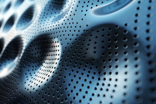 A close-up shot of a blue perforated metal surface creating a mesmerizing pattern with depth and texture