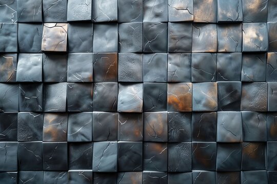 An image featuring a wall covered in black and rust-colored metal tiles, creating a unique, edgy, and modern texture