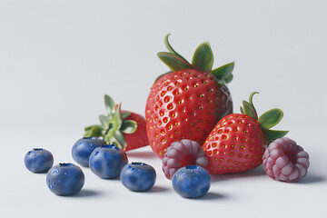 A vibrant and colorful display of fresh strawberries, raspberries, and blueberries arranged beautifully, juicy textures and enticing natural colors of these delicious and nutritious fruits.