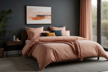 Traumhaftes Schlafzimmer mit Bettwäsche in rosa Farbtönen und kontrastreichen Farbakzenten im modernen Design.
