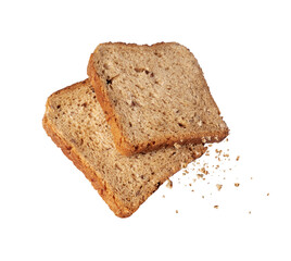 Two pieces of bread in the air with crumbs isolated on a white background