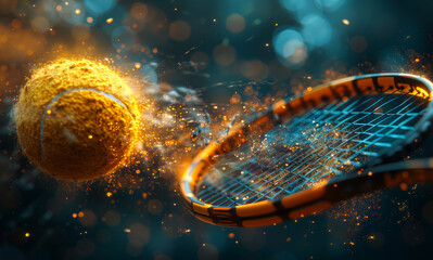 Tennis ball smashes racket in mid-air on dark background