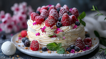   A cake garnished with raspberries, blueberries, and additional raspberries on a plate
