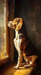 Pensive beagle, oil paint style, warm indoor light, side view, rich textures, deep shadows.