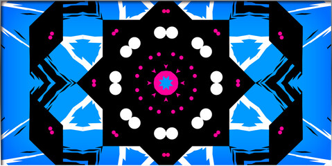 Abstract, digital creation featuring a symmetrical kaleidoscopic pattern, with bright magenta, blue, and black colors, within a border 