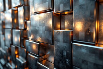 Shiny metallic squares create a three-dimensional textured wall, with areas of golden light...