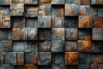 A rustic and industrial-inspired wall of textured cubes, with hints of orange rust adding to its...