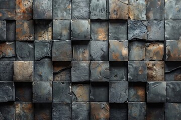 Detailed image of worn and rusted metal squares, creating a gritty and industrial feel with rich textures