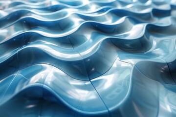 Artistic representation of serene blue waves with a reflective surface, giving a fresh and dynamic...