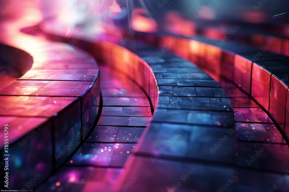 Poster a dynamic display of colorful, abstract light trails flowing along a curved pathway with a bokeh eff