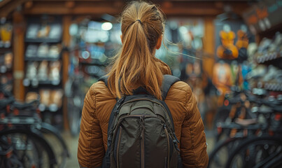 Obraz premium Young woman chooses backpack in sports shop